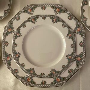 Wedgwood White Octagonal Dinner Plate with Green and Peach Floral Border